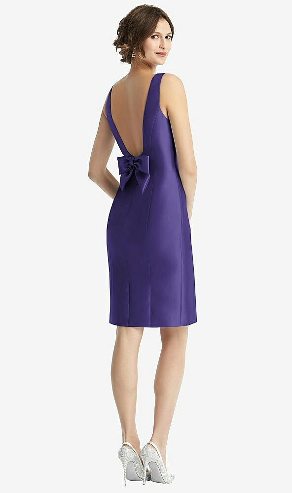 Front View - Grape Bow Open-Back Satin Cocktail Dress with Front Slit