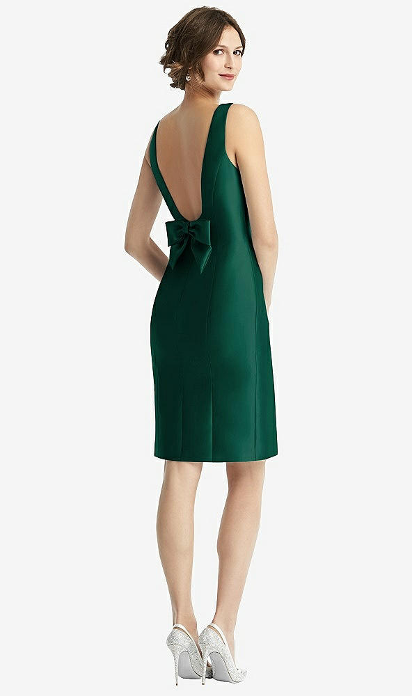 Front View - Hunter Green Bow Open-Back Satin Cocktail Dress with Front Slit