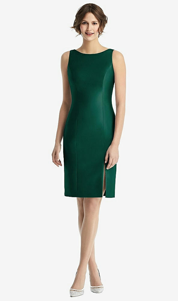 Back View - Hunter Green Bow Open-Back Satin Cocktail Dress with Front Slit