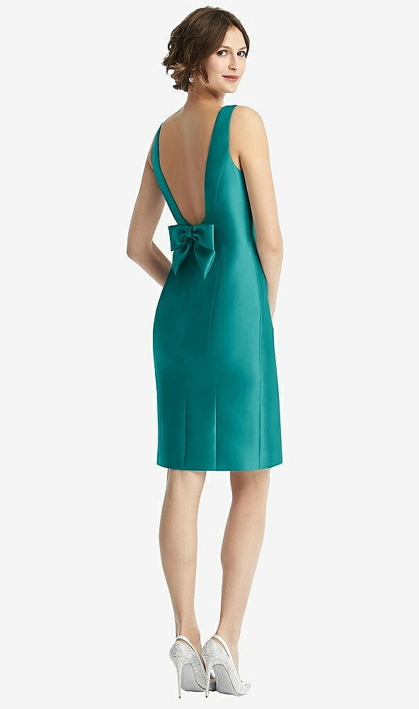 Front View - Jade Bow Open-Back Satin Cocktail Dress with Front Slit