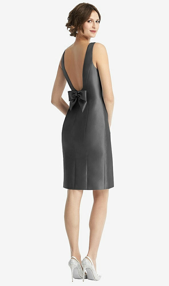 Front View - Pewter Bow Open-Back Satin Cocktail Dress with Front Slit