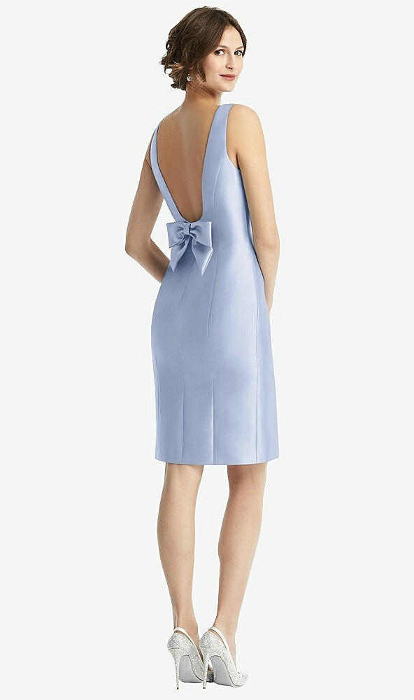 Front View - Sky Blue Bow Open-Back Satin Cocktail Dress with Front Slit