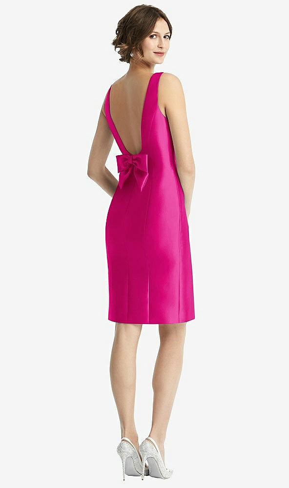 Front View - Think Pink Bow Open-Back Satin Cocktail Dress with Front Slit