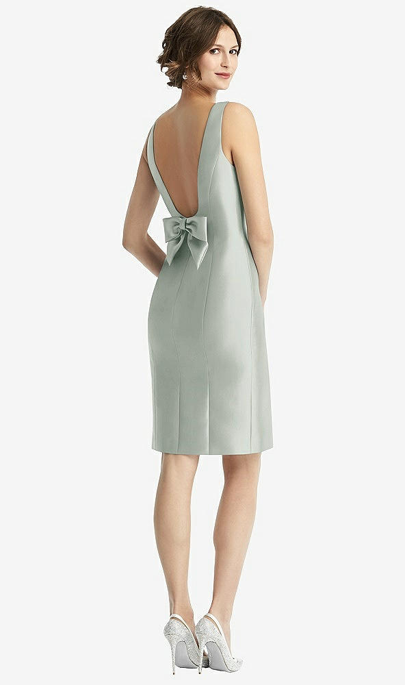 Front View - Willow Green Bow Open-Back Satin Cocktail Dress with Front Slit