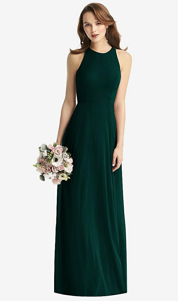 Front View - Evergreen Sleeveless Halter Chiffon Maxi Dress