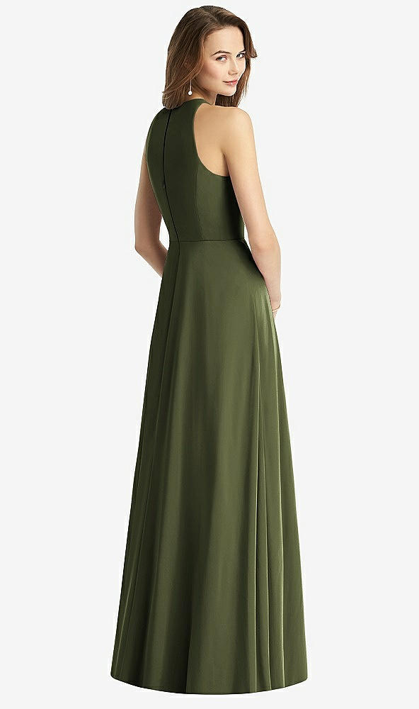 Back View - Olive Green Sleeveless Halter Chiffon Maxi Dress