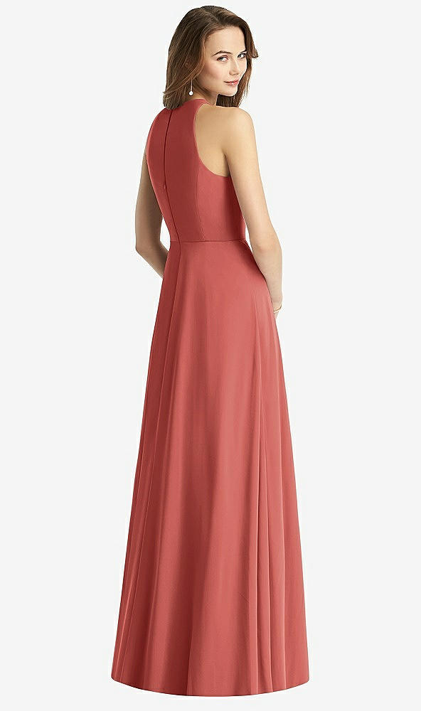 Back View - Coral Pink Sleeveless Halter Chiffon Maxi Dress