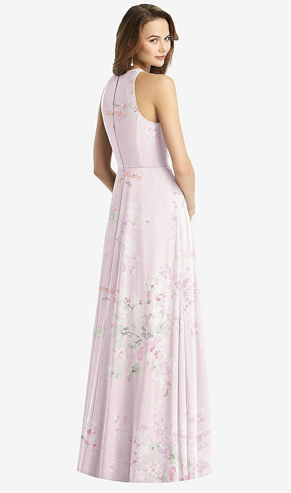 Back View - Watercolor Print Sleeveless Halter Chiffon Maxi Dress