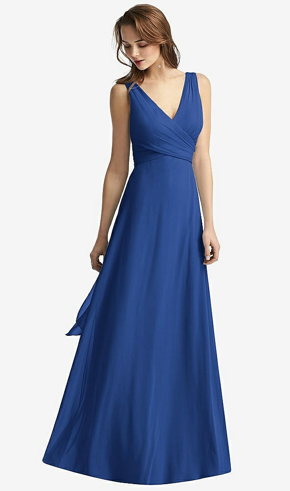 Front View - Classic Blue Sleeveless V-Neck Chiffon Wrap Dress