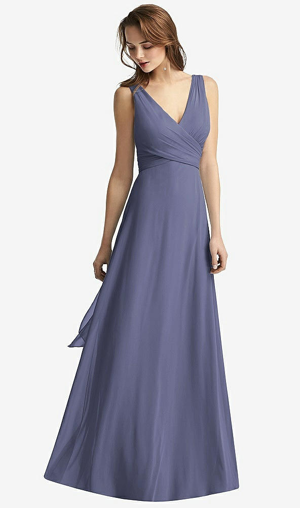 Front View - French Blue Sleeveless V-Neck Chiffon Wrap Dress