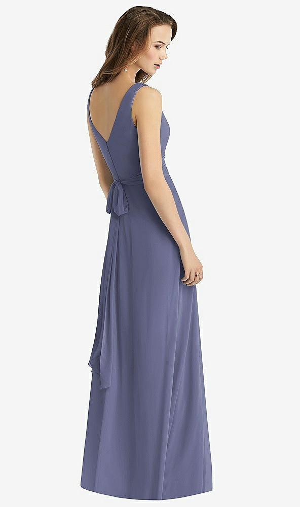Back View - French Blue Sleeveless V-Neck Chiffon Wrap Dress