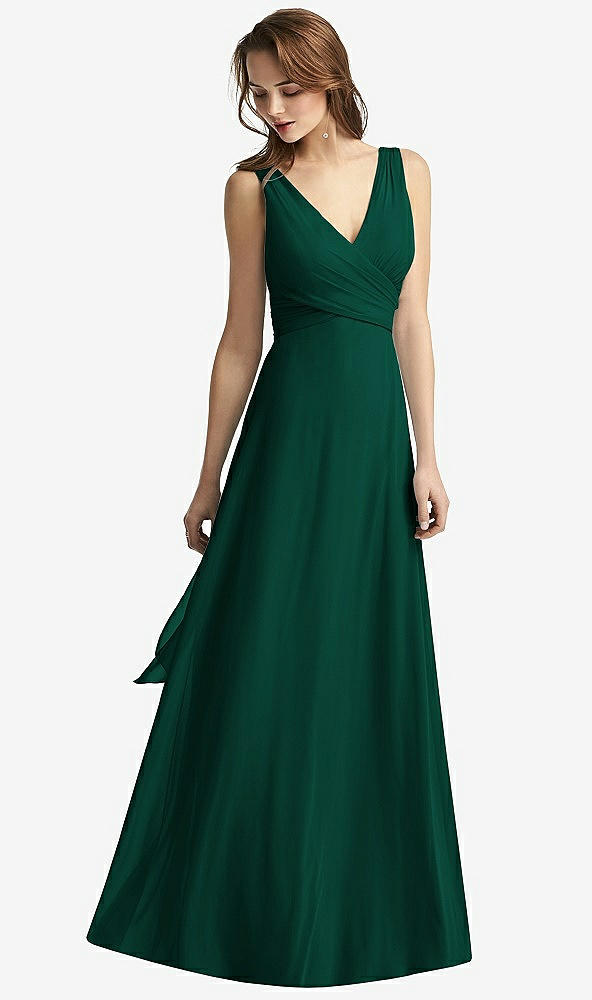 Front View - Hunter Green Sleeveless V-Neck Chiffon Wrap Dress