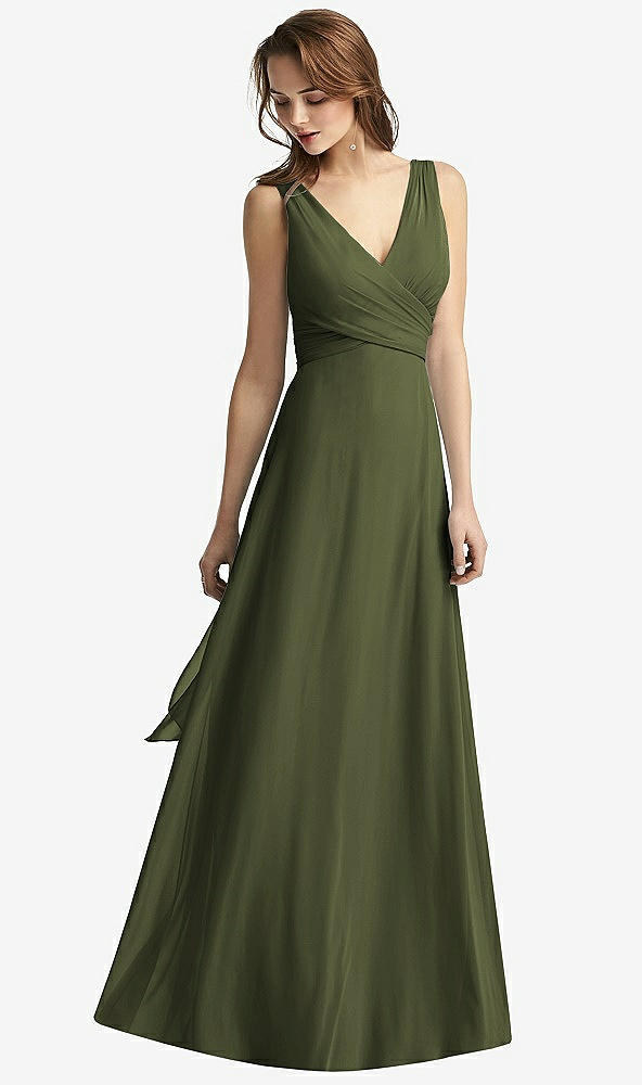 Front View - Olive Green Sleeveless V-Neck Chiffon Wrap Dress