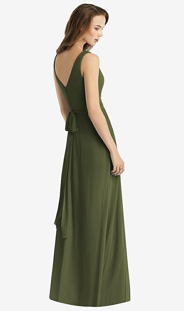 Back View - Olive Green Sleeveless V-Neck Chiffon Wrap Dress