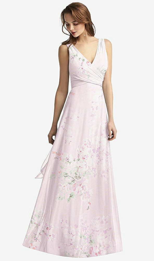 Front View - Watercolor Print Sleeveless V-Neck Chiffon Wrap Dress