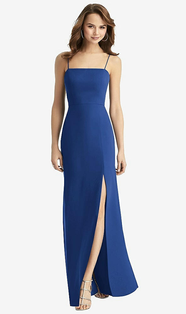 Back View - Classic Blue Tie-Back Cutout Trumpet Gown with Front Slit