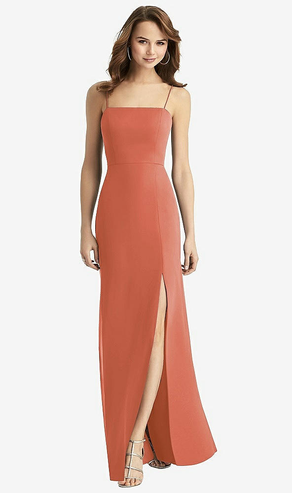 Back View - Terracotta Copper Tie-Back Cutout Trumpet Gown with Front Slit