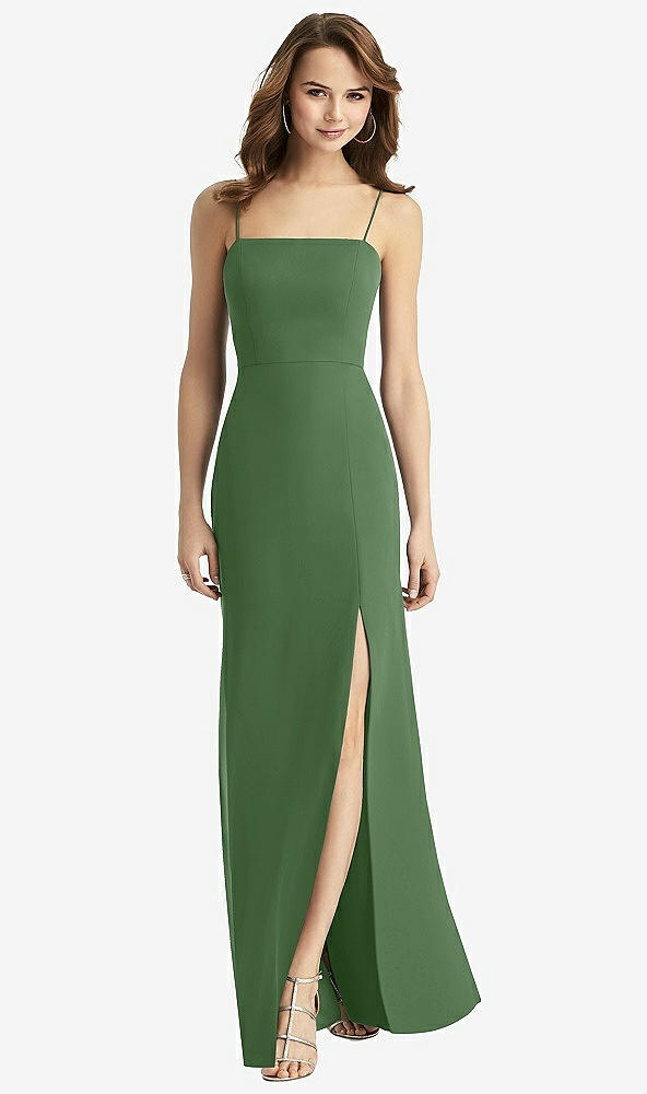 Back View - Vineyard Green Tie-Back Cutout Trumpet Gown with Front Slit