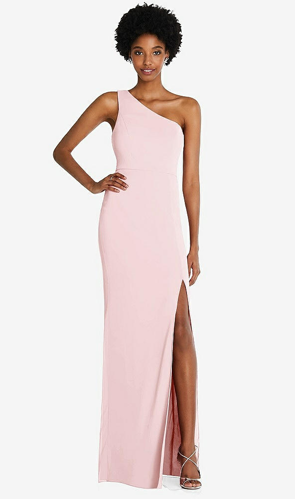 Front View - Ballet Pink One-Shoulder Chiffon Trumpet Gown