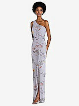 Side View Thumbnail - Butterfly Botanica Silver Dove One-Shoulder Chiffon Trumpet Gown