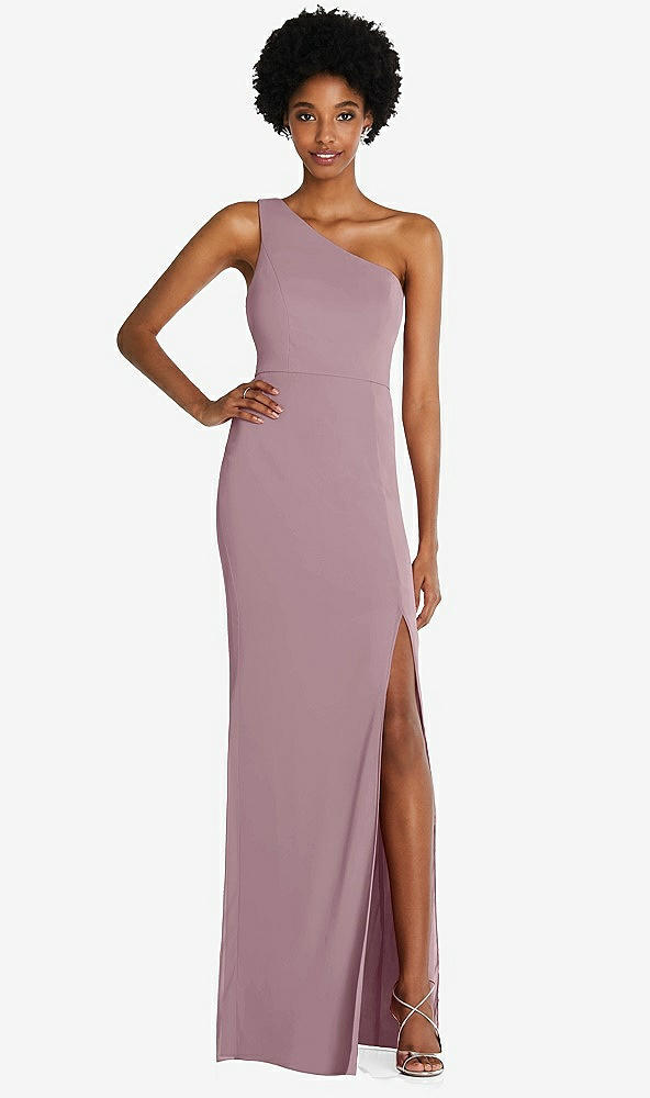 Front View - Dusty Rose One-Shoulder Chiffon Trumpet Gown