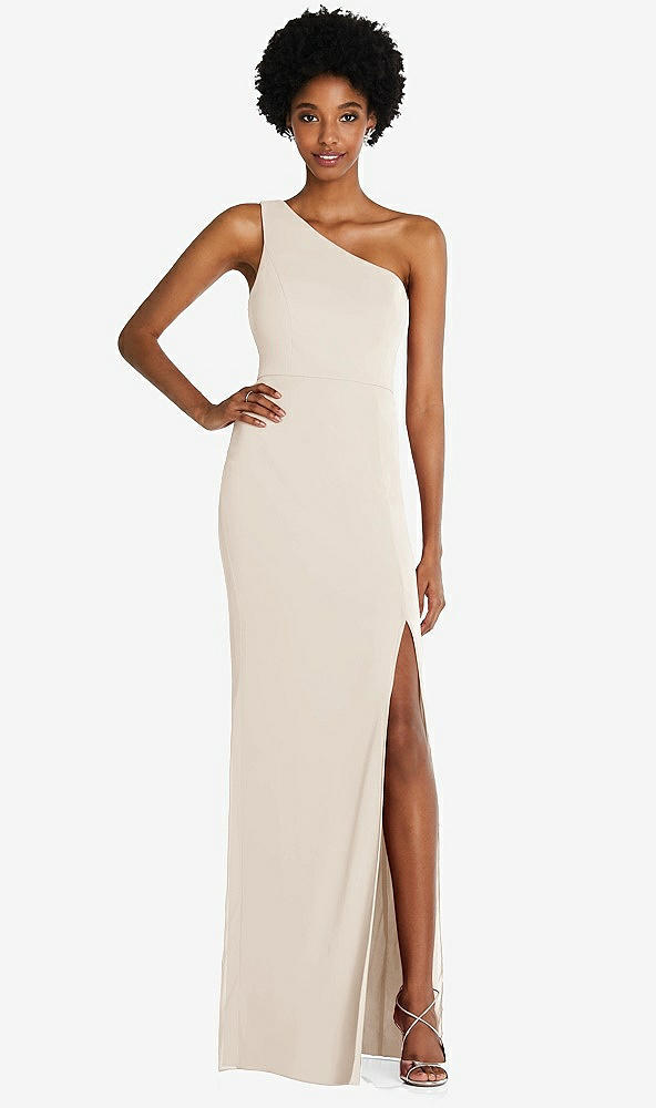 Front View - Oat One-Shoulder Chiffon Trumpet Gown