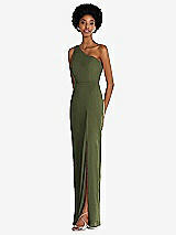 Side View Thumbnail - Olive Green One-Shoulder Chiffon Trumpet Gown
