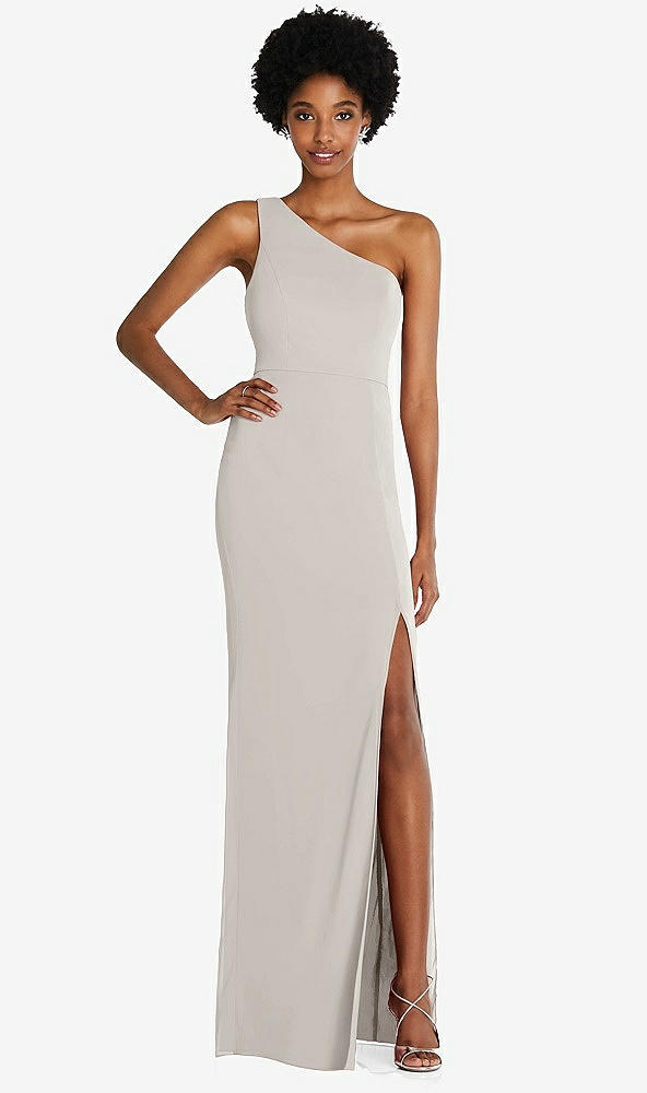 Front View - Oyster One-Shoulder Chiffon Trumpet Gown