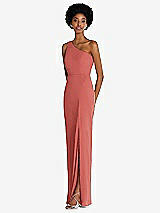 Side View Thumbnail - Coral Pink One-Shoulder Chiffon Trumpet Gown