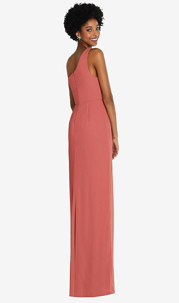 Back View - Coral Pink One-Shoulder Chiffon Trumpet Gown