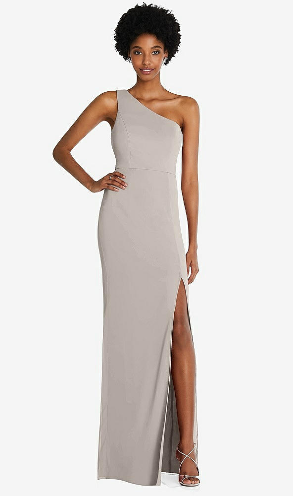 Front View - Taupe One-Shoulder Chiffon Trumpet Gown