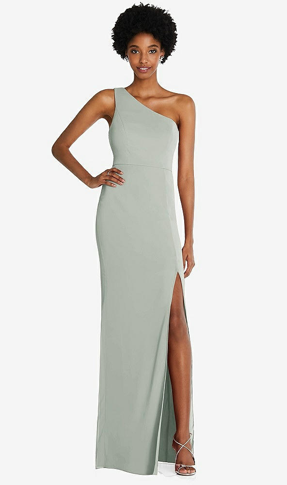 Front View - Willow Green One-Shoulder Chiffon Trumpet Gown