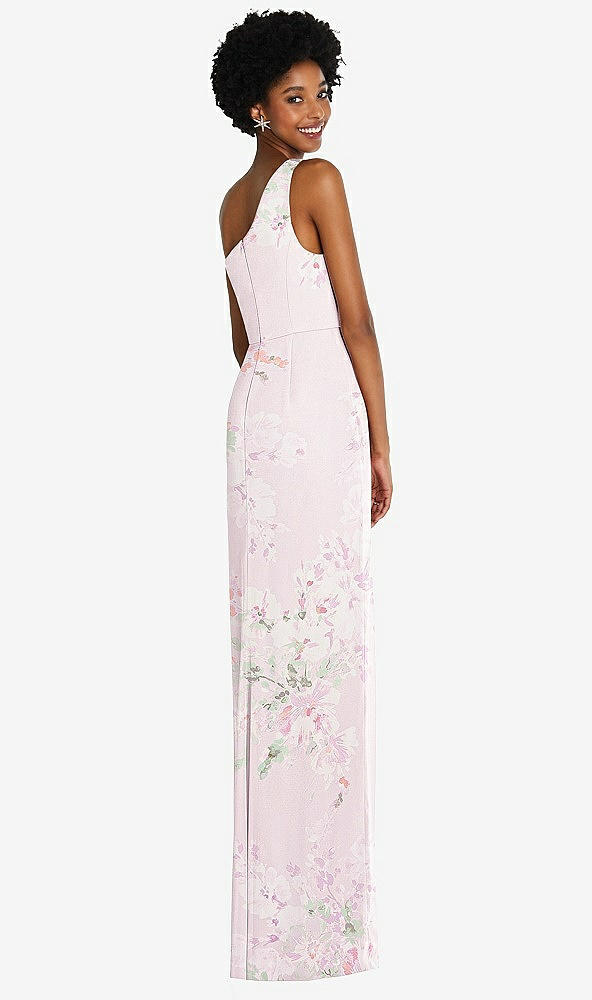 Back View - Watercolor Print One-Shoulder Chiffon Trumpet Gown
