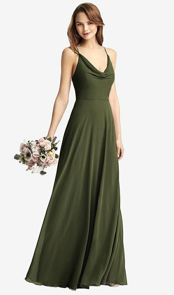 Front View - Olive Green Cowl Neck Criss Cross Back Maxi Dress
