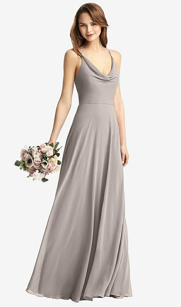 Front View - Taupe Cowl Neck Criss Cross Back Maxi Dress