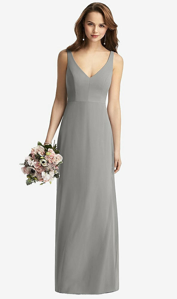 Front View - Chelsea Gray Sleeveless V-Back Long Trumpet Gown