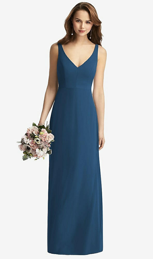 Front View - Dusk Blue Sleeveless V-Back Long Trumpet Gown