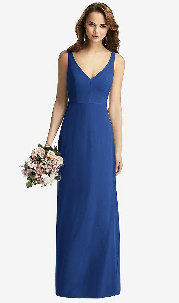 Front View - Classic Blue Sleeveless V-Back Long Trumpet Gown