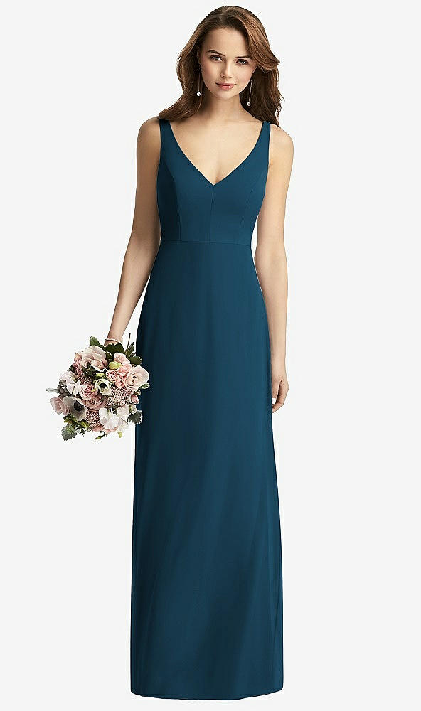 Front View - Atlantic Blue Sleeveless V-Back Long Trumpet Gown