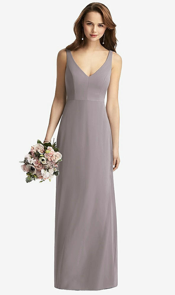 Front View - Cashmere Gray Sleeveless V-Back Long Trumpet Gown