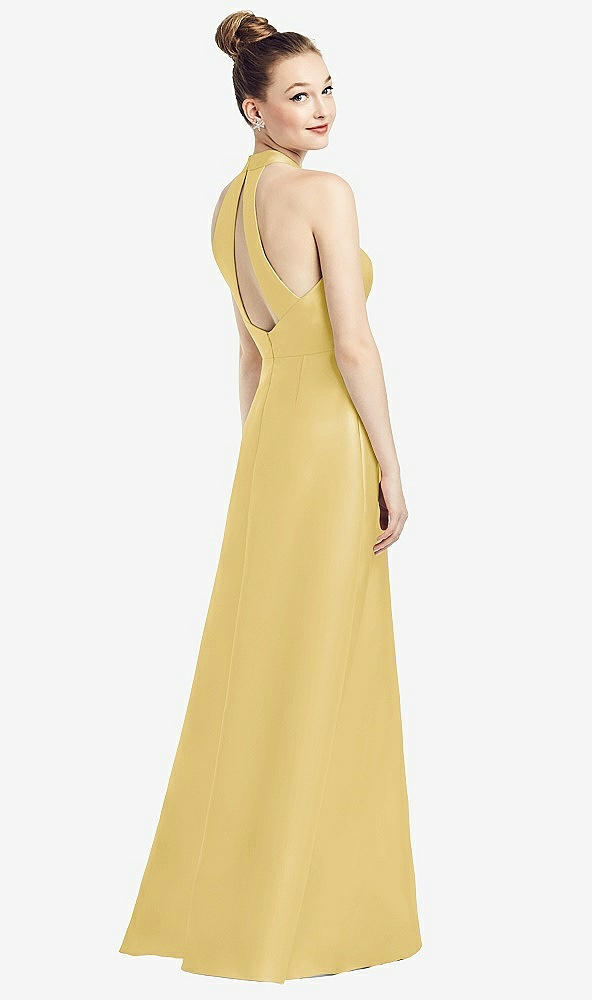 Front View - Maize High-Neck Cutout Satin Dress with Pockets