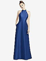 Rear View Thumbnail - Classic Blue High-Neck Cutout Satin Dress with Pockets