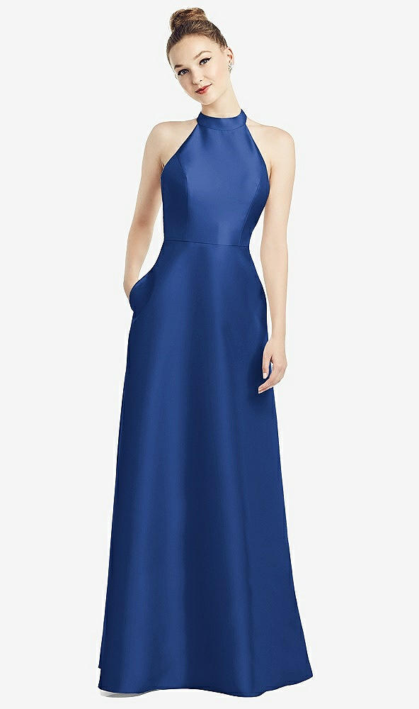 Back View - Classic Blue High-Neck Cutout Satin Dress with Pockets