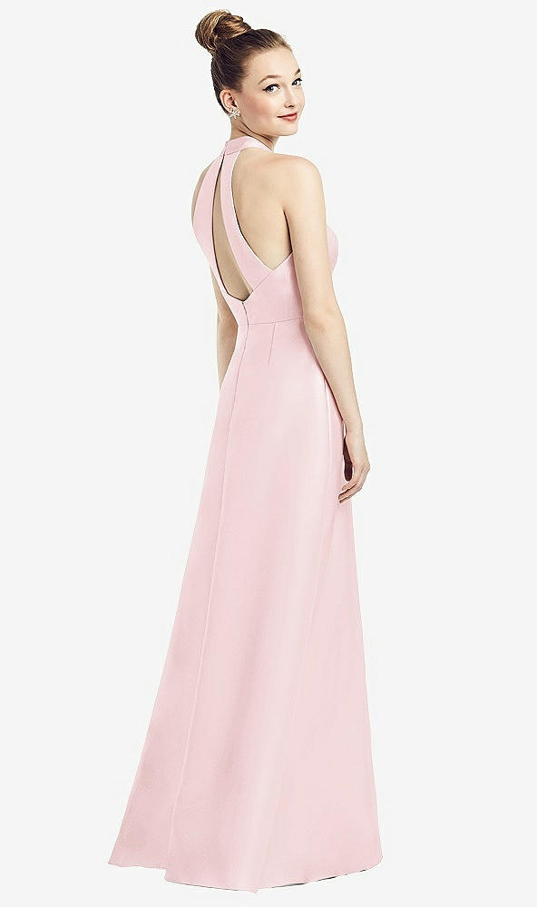 Front View - Ballet Pink High-Neck Cutout Satin Dress with Pockets