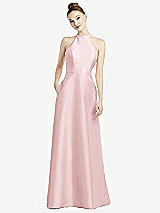 Rear View Thumbnail - Ballet Pink High-Neck Cutout Satin Dress with Pockets