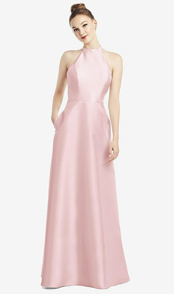Back View - Ballet Pink High-Neck Cutout Satin Dress with Pockets