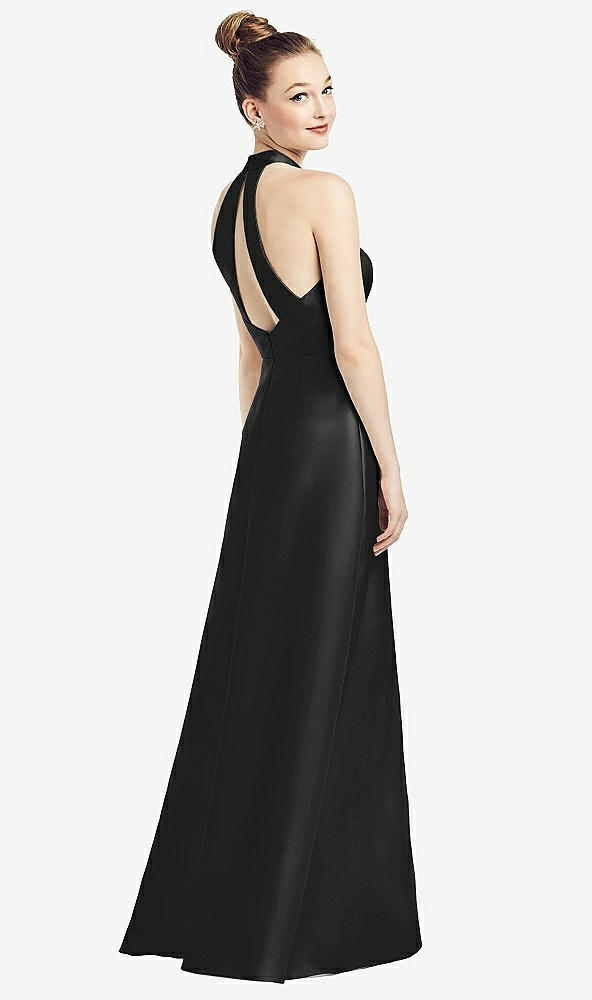 Front View - Black High-Neck Cutout Satin Dress with Pockets