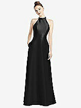 Rear View Thumbnail - Black High-Neck Cutout Satin Dress with Pockets
