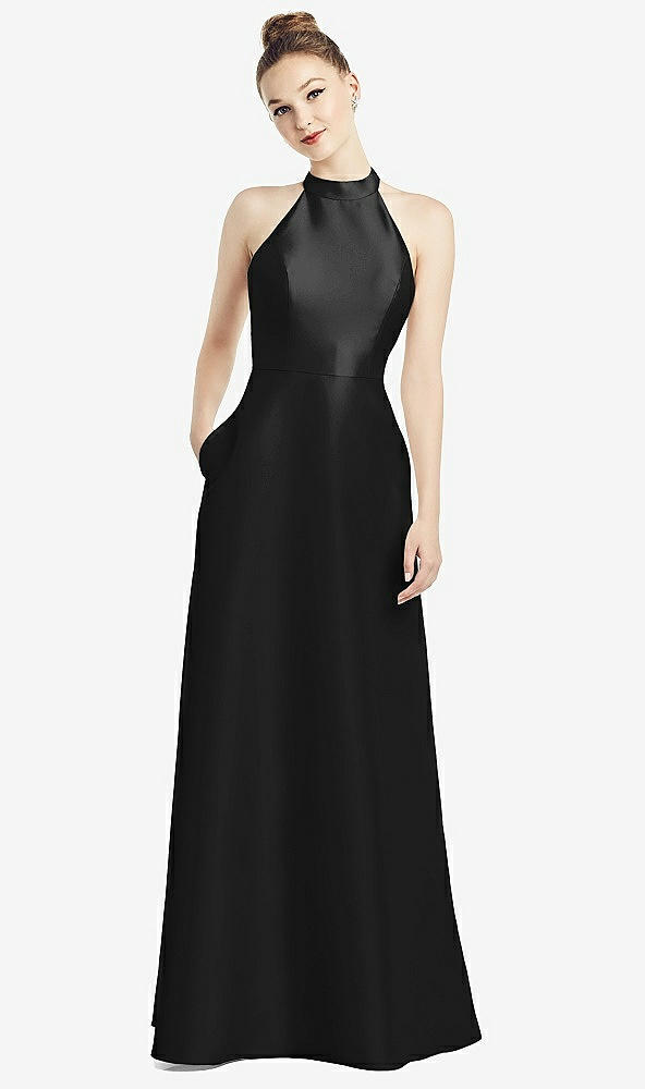 Back View - Black High-Neck Cutout Satin Dress with Pockets