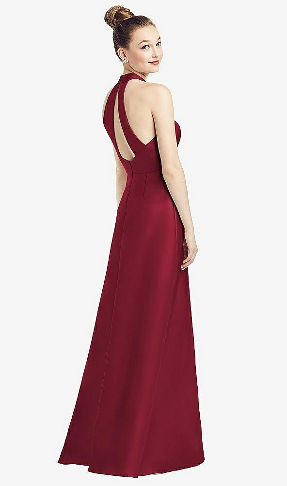 Front View - Burgundy High-Neck Cutout Satin Dress with Pockets